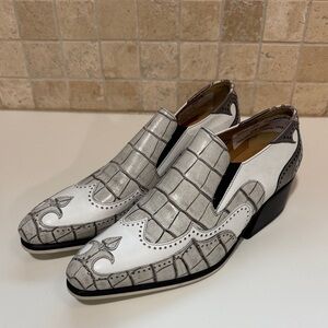John Fluevog White and Gray Western Loafers